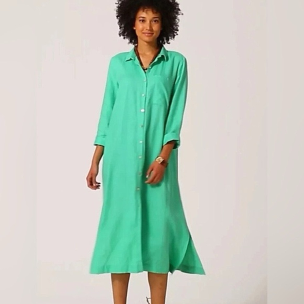 J Jill Love Linen Green Midi Length Button Down Dress Size Large - Picture 2 of 11
